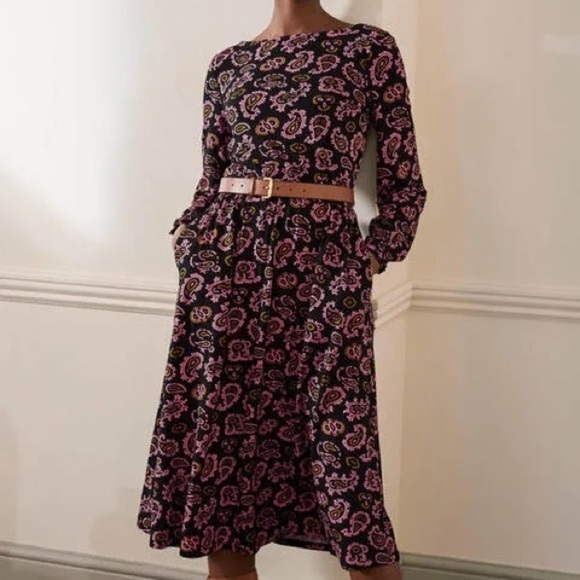 Boden NEW Women’s Evelyn Jersey Midi Dress Azalea Intricate Paisley Black 10L - Picture 3 of 16